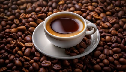 Fototapeta premium Taza de café, sobre una montaña de granos de café arabica tostados.