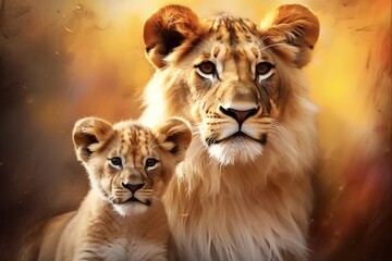 Obraz premium Father and Son of the Jungle: Male Lion and Baby Lion Cub in their Natural Habitat on the African Savanna-Generated Illustration of Big Cats, Predators, and Wild Animals