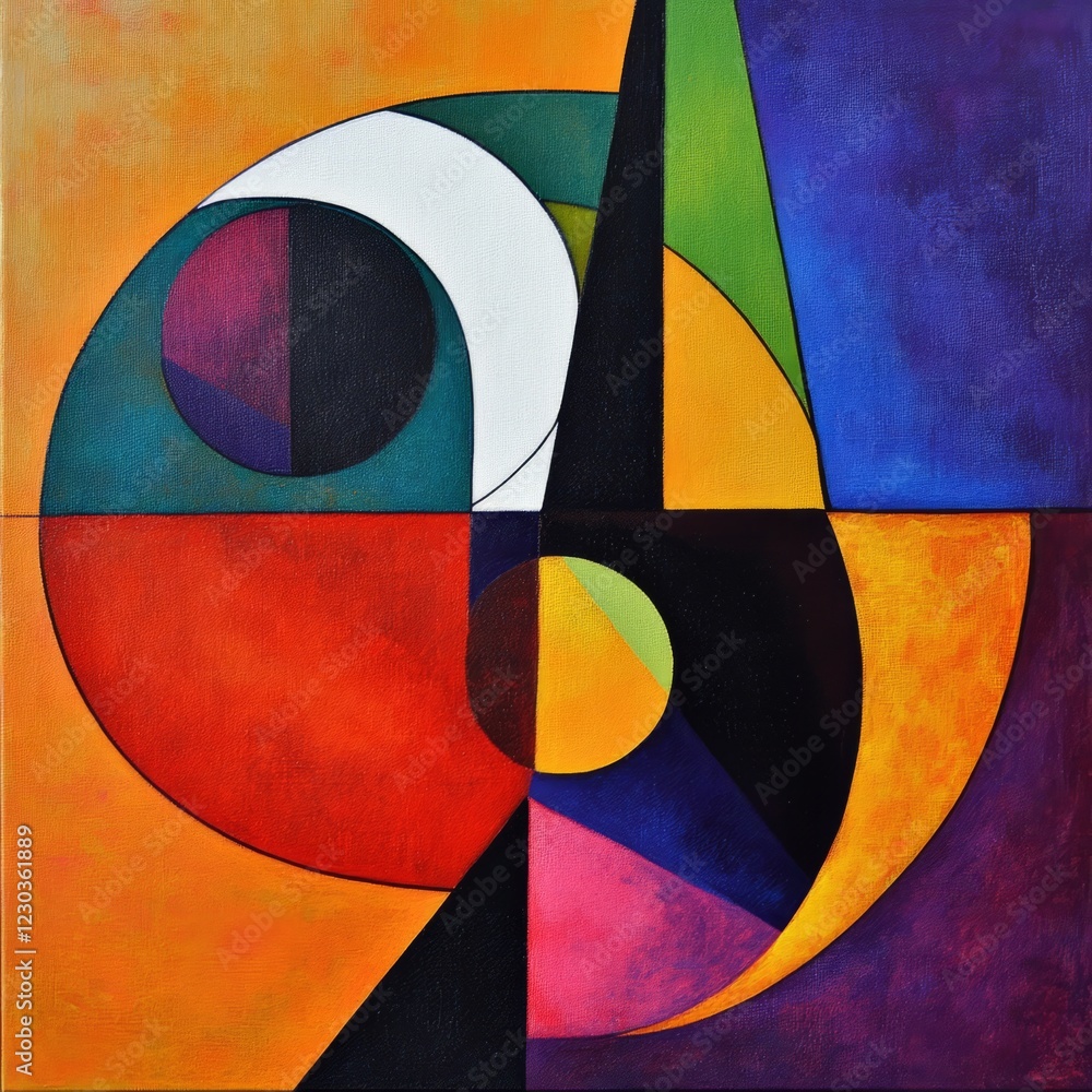 Poster a striking abstract painting featuring bold geometric shapes and vibrant colors, creating a dynamic 