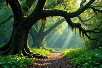 Naklejka premium Low-hanging oak branches tangled in a canopy of Spanish moss, eerie, moss, foliage