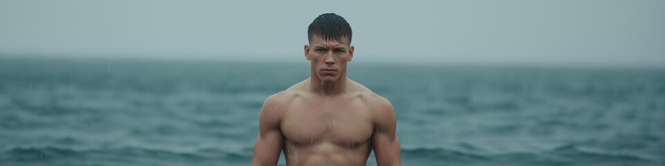 Fototapeta premium A man stands in the ocean with his arms crossed. He is wearing a shirtless shirt and he is in a contemplative mood