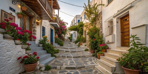 Fototapeta premium Nisyros Island Greece: Charming Stone Street, Tiny Houses, Flowers, Long Exposure Photography