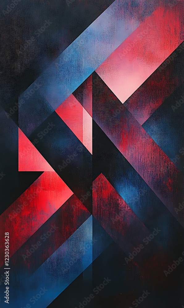 Poster A Dynamic Abstract Backdrop with Intersecting Diagonal Lines and Geometric Shapes in Vibrant Reds and Cool Blues