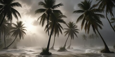 Fototapeta premium Palm trees swaying violently in the eye of the hurricane, tropical landscape, windy conditions, hurricane eye
