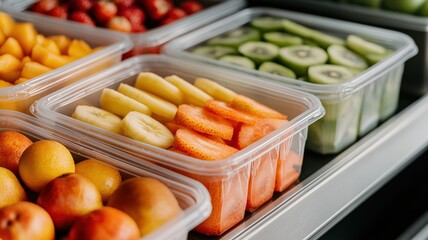 food safety storage quality concept. Freshly cut fruit arranged in clear containers on a display shelf.