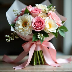 Pastel pink ribbon delicately tied around a bouquet of flowers, floral, wrapping