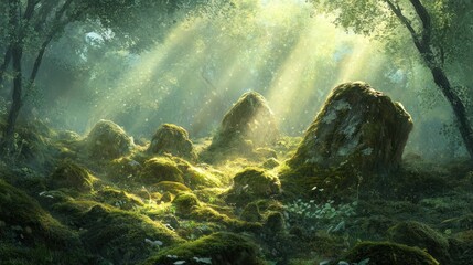 Obraz premium Sunbeams illuminate mossy rocks in a forest; fantasy background for games