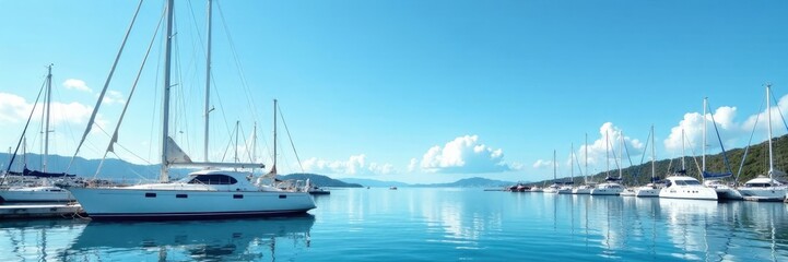 Fototapeta premium Sailboat docked at a marina with a clear blue sky and white sails, yacht, boats, marina