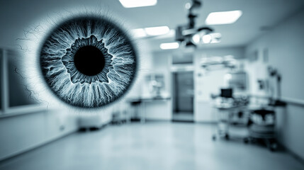 Medical device with eye image on screen symbolizing eye tracking technology minimalistic design bright tone modern blurred background empty caption space on the side

