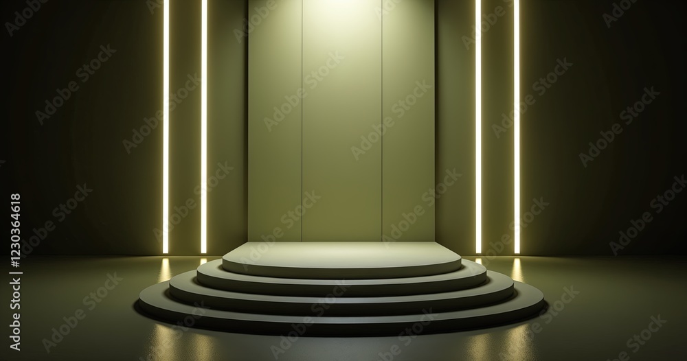 Poster sleek and modern minimal studio backdrop featuring a circular podium with three levels. the subtle l