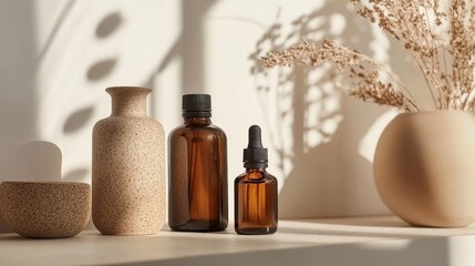 Simple skincare bottle and utensil decoration