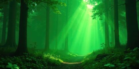 Obraz premium Shimmering green lights suspended above a forest floor, casting an otherworldly glow, suspended, shimmering, green