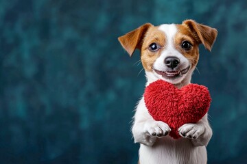 Jack russell terrier - my preferred dog. Marketing pattern. Cute jack russell terrier pooch with fluffy red heart - sign of love, funny greeting card. Love-themed pets. Animal valentines.