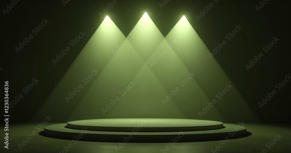 Poster minimalistic 3d rendering of a round stage with three spotlights illuminating it, creating a dramati