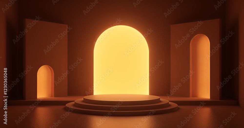 Poster modern and minimal 3d rendering of a podium with a warm yellow light source, perfect for product dis