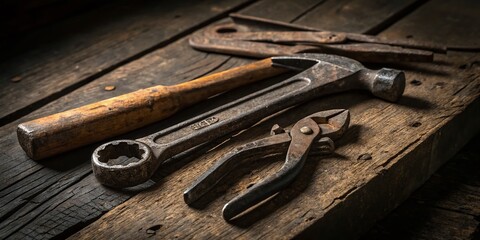 Old Rusty Tools on Wooden Surface - Low Light Photography Stock Photo