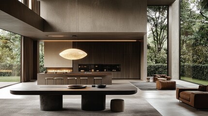 A large, minimalist dining table occupies the center of a modern space, beautifully designed with expansive windows showcasing lush outdoor views. Soft, natural light floods the room