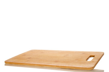 One bamboo cutting board, macro, isolated on a white background.