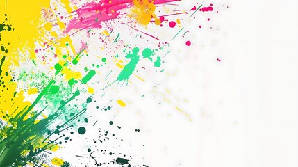 Vibrant background with splashes of green, yellow, and pink on solid white.