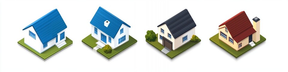Isometric House Icons Suburban Homes Real Estate Property Design Illustrations red roof door yard
