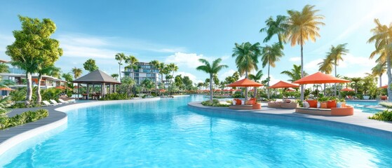 A serene poolside scene featuring palm trees, lounge chairs, and vibrant umbrellas under a clear blue sky, perfect for relaxation and leisure.