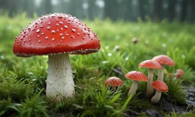 Red Amanita Muscaria mushroom cap glistening with dew on a grassy surface , ecology, macro photography, nature