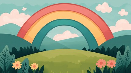 A vibrant rainbow arcs over a serene landscape of rolling hills, flowers, and fluffy clouds, creating a cheerful and peaceful atmosphere.