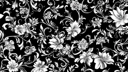 Floral Seamless Pattern Featuring Elegant White Flowers on a Black Background, Capturing Vintage Aesthetics and Botanical Themes in Design