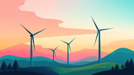 Obraz premium A serene landscape featuring wind turbines against a colorful sunset sky, symbolizing renewable energy and environmental sustainability.