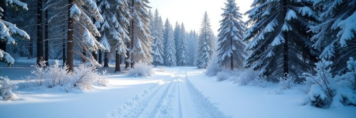 Fototapeta premium A blanket of white covers the snow-dusted forest floor, , snowy landscape
