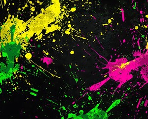 Vibrant background with splashes of green, yellow, and pink on solid black.