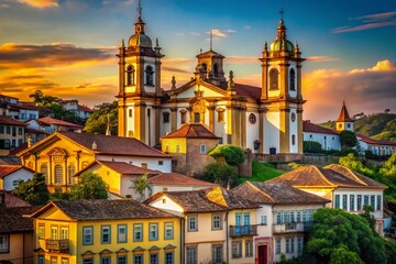 Fototapeta premium Ouro Preto, Minas Gerais: Historic Church Towers Amidst Colonial Architecture - Brazil Stock Photo