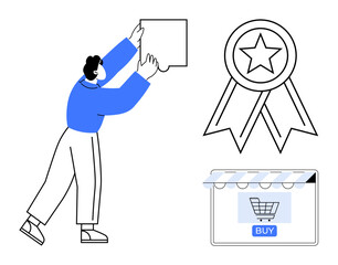 Person reaching towards a quality badge with a star, symbolizing high standards, next to an online store icon with a shopping cart and a BUY button. Ideal for online retail, e-commerce, customer