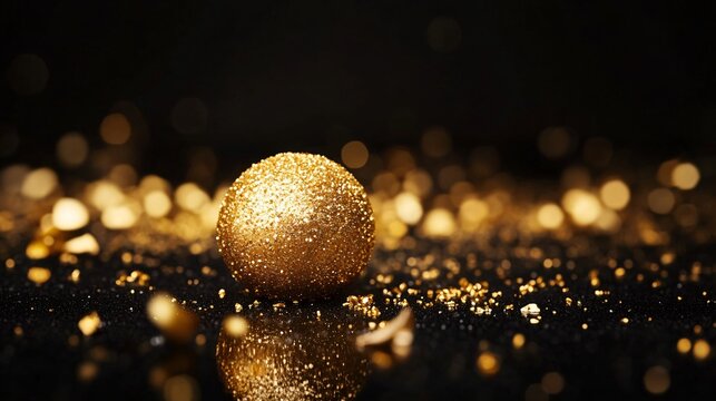 A glossy gold breakable chocolate sphere with a smooth finish, placed on a reflective black surface, surrounded by golden sprinkles