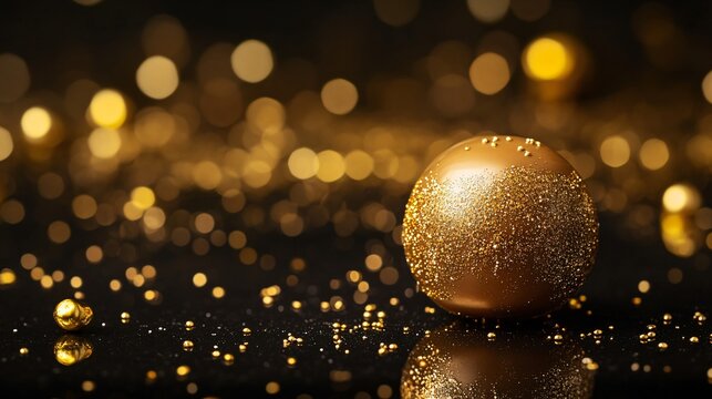 A glossy gold breakable chocolate sphere with a smooth finish, placed on a reflective black surface, surrounded by golden sprinkles