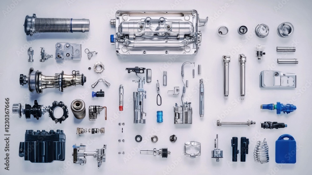 Poster disassembled automotive engine components arranged neatly on a light background for inspection and a
