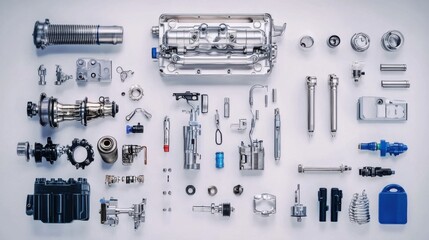 Obraz premium Disassembled automotive engine components arranged neatly on a light background for inspection and analysis