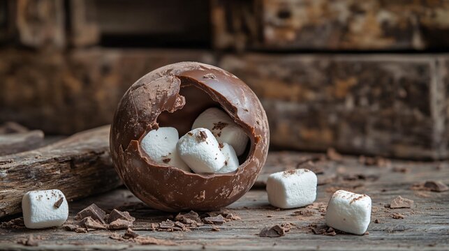 A rustic breakable chocolate sphere with a matte cocoa finish, cracked open to reveal marshmallows, isolated on wooden planks