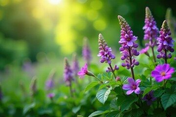 Fototapeta premium A lush green garden with purple flowers in the background, vertical, plant