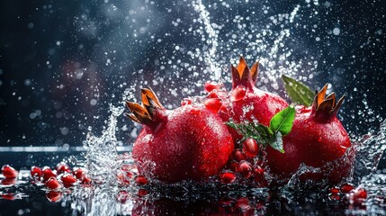 Fresh pomegranates with water droplets and scattered seeds on a dark background. Vibrant colors, dramatic splashes, and macro photography create a juicy, dynamic composition