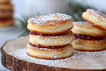 Sweet Jam Filled Cookies Stacked on Wooden Board