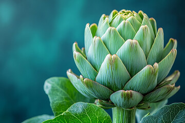 Fototapeta premium A Single Artichoke Bud Against A Teal Background