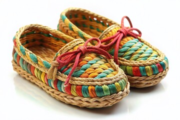 Obraz premium Pair of Rustic Wicker Bast Shoes Tied Together on White Background