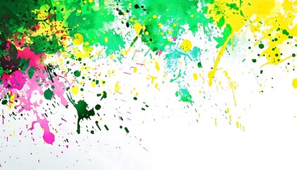 Vibrant background with splashes of green, yellow, and pink on solid white.