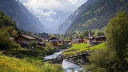 Alpine Village Nestled Amidst Majestic Mountains