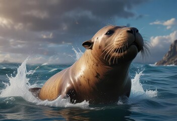 Obraz premium Sea lion's body fully submerged in the ocean with a big splash, body, flippers