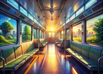 Fototapeta premium Panoramic Anime Sunrise: Japanese Train Interior Morning Commute
