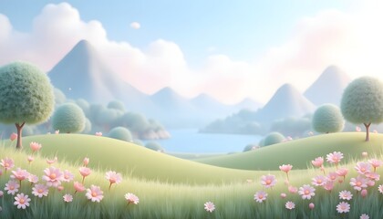 Fototapeta premium Serene Landscape With Pink Flowers And Rolling Hills