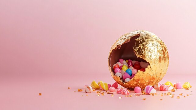 Breakable chocolate sphere with a shiny gold finish, cracked open to reveal colorful candies, isolated on a soft pink background