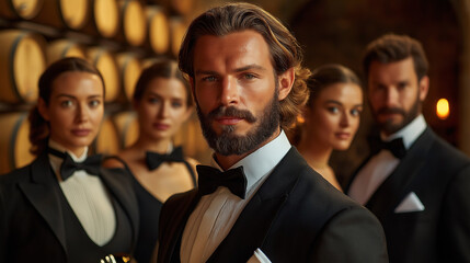 A team of four sommeliers, two men and two women, dressed in formal attire with bow ties, standing in a luxurious wine cellar with blurred wooden barrels and vintage wine bottles in the background.